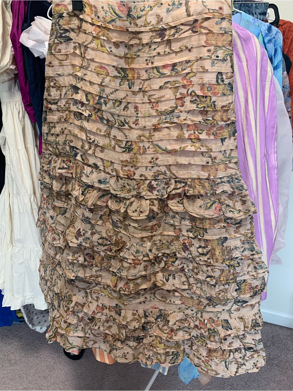 Zimmermann Beige Floral Tiered Ruffle Midi Skirt